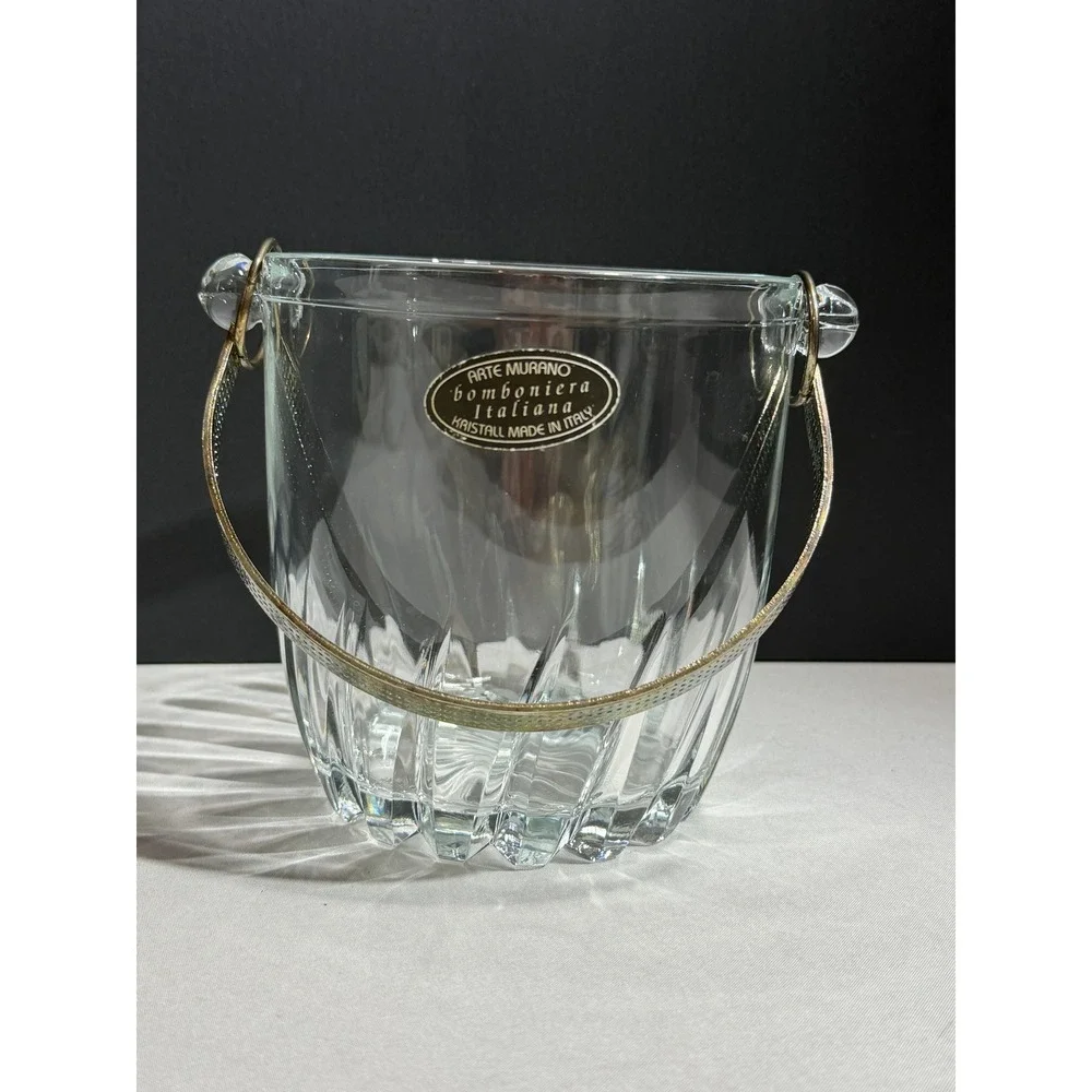 Arte Murano Bomboniera Italiana Crystal Ice Bucket Ribbed Glass Made in Italy